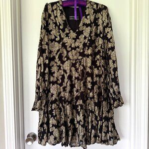 Anthropologie Black & Gold Metallic Ruffled Tiered Mini Shift Tunic Dress Sz Med